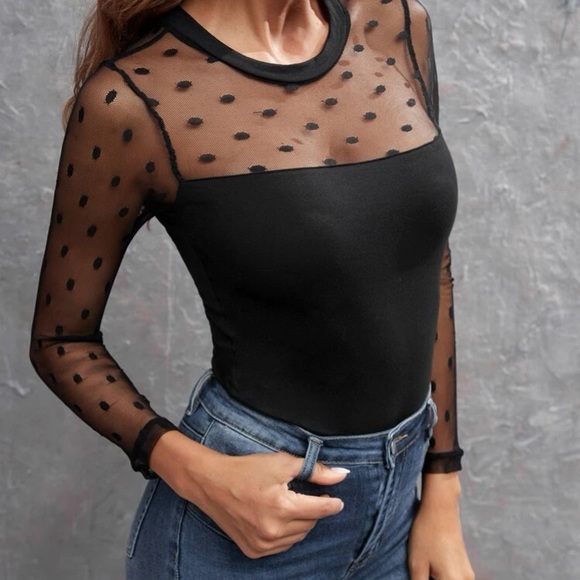 Decimale Krankzinnigheid ik betwijfel het SHEIN | Tops | Black Round Neck Contrast Polka Dot Mesh Slim Fit Long  Sleeve Tee | Poshmark